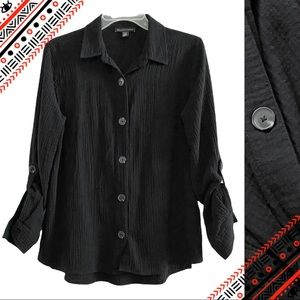 Saks Fifth Avenue cotton gauze sleek button down long sleeve top, black